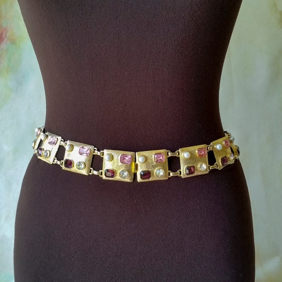 VINTAGE STATEMENT BELT 1960’s Encrusted Gemstone and Costume Pearl OOAK - Picture 9 of 16